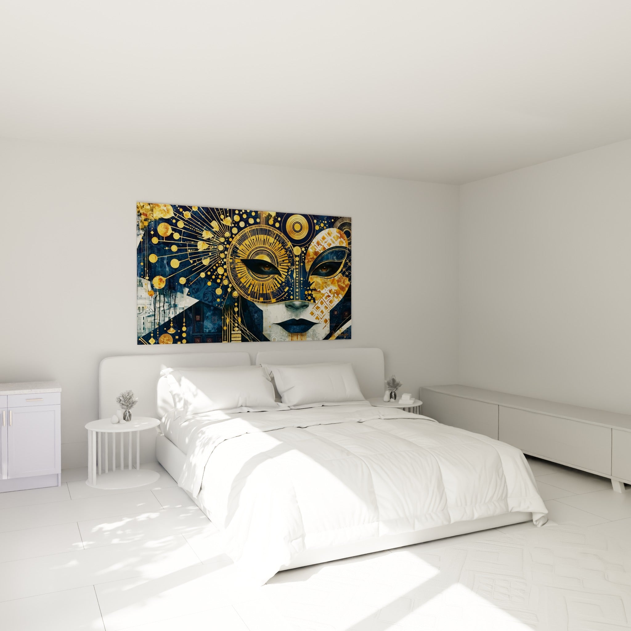 Masque de Venise aux teintes dorées et bleu nuit, au-dessus d'un lit dans une chambre claire