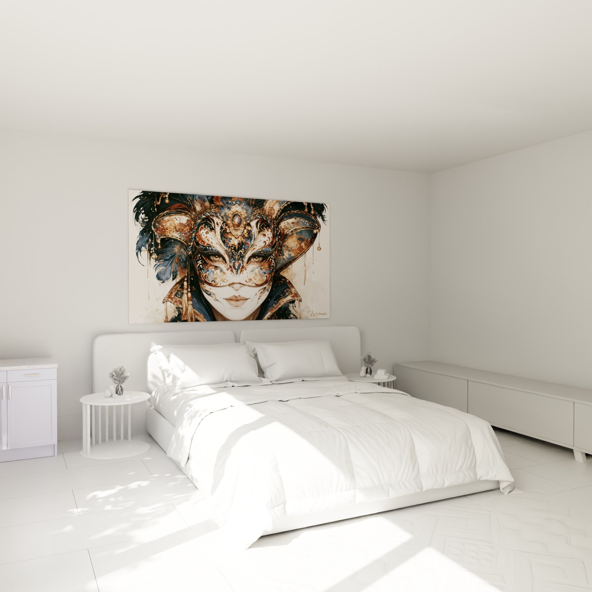 Masque de Venise aux volutes dorées et bleu marine, plumes sombres, au-dessus d'un lit dans une chambre claire