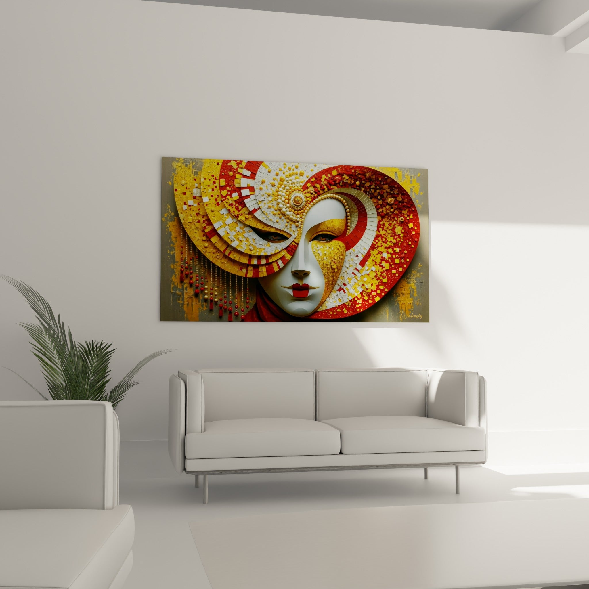 Coiffe mosaïquée rouge et dorée encadrant un masque blanc, au-dessus d'un canapé dans un salon lumineux