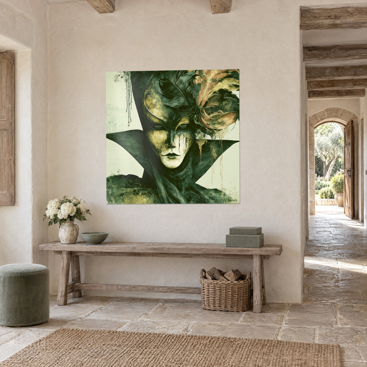 Wall art carnival face with clear eyes, emerald veil and copper feathers, in an ochre stone hallway