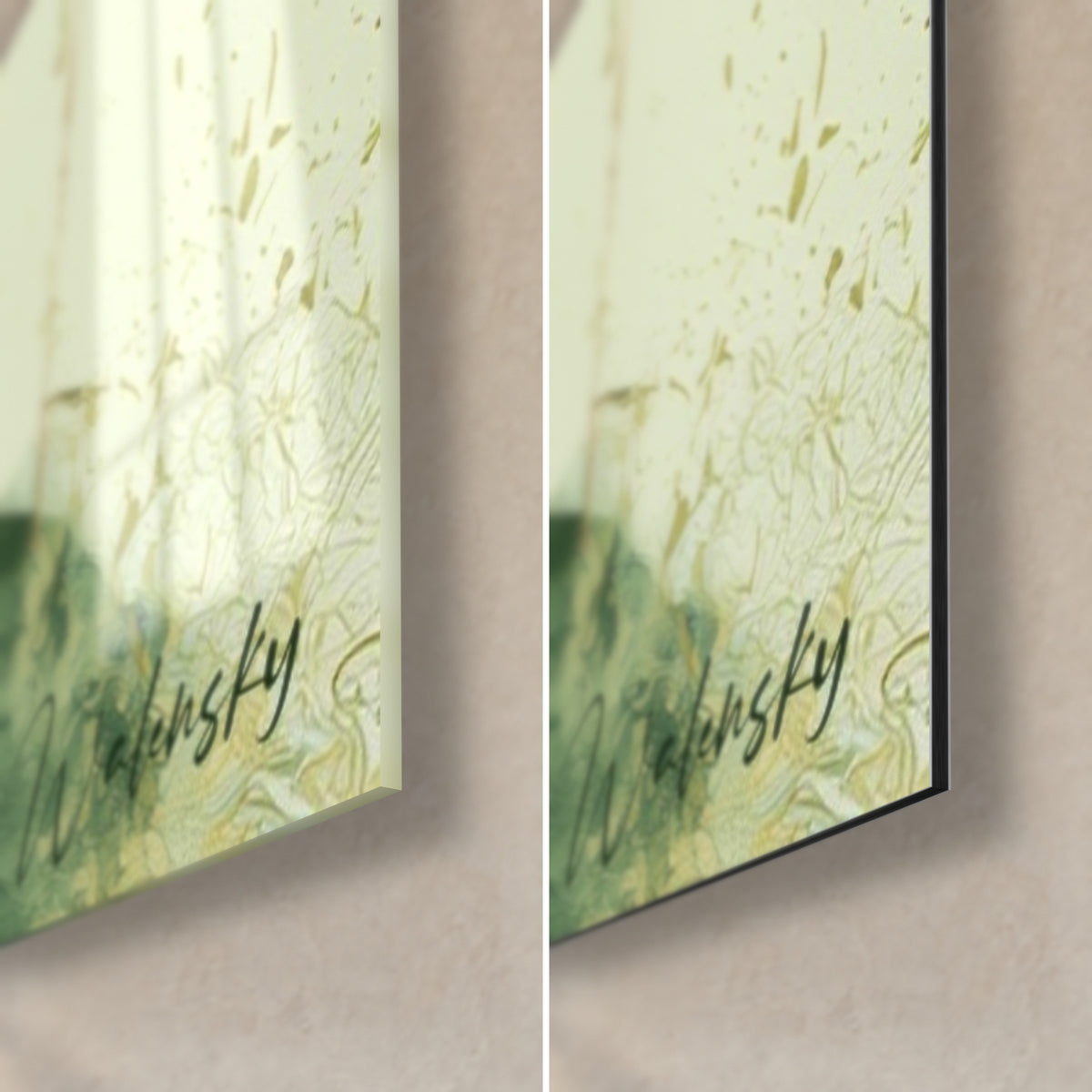 Wall art masked Harlequin in deep green, golden drips in the lower right corner, glossy glass and matte black Dibond