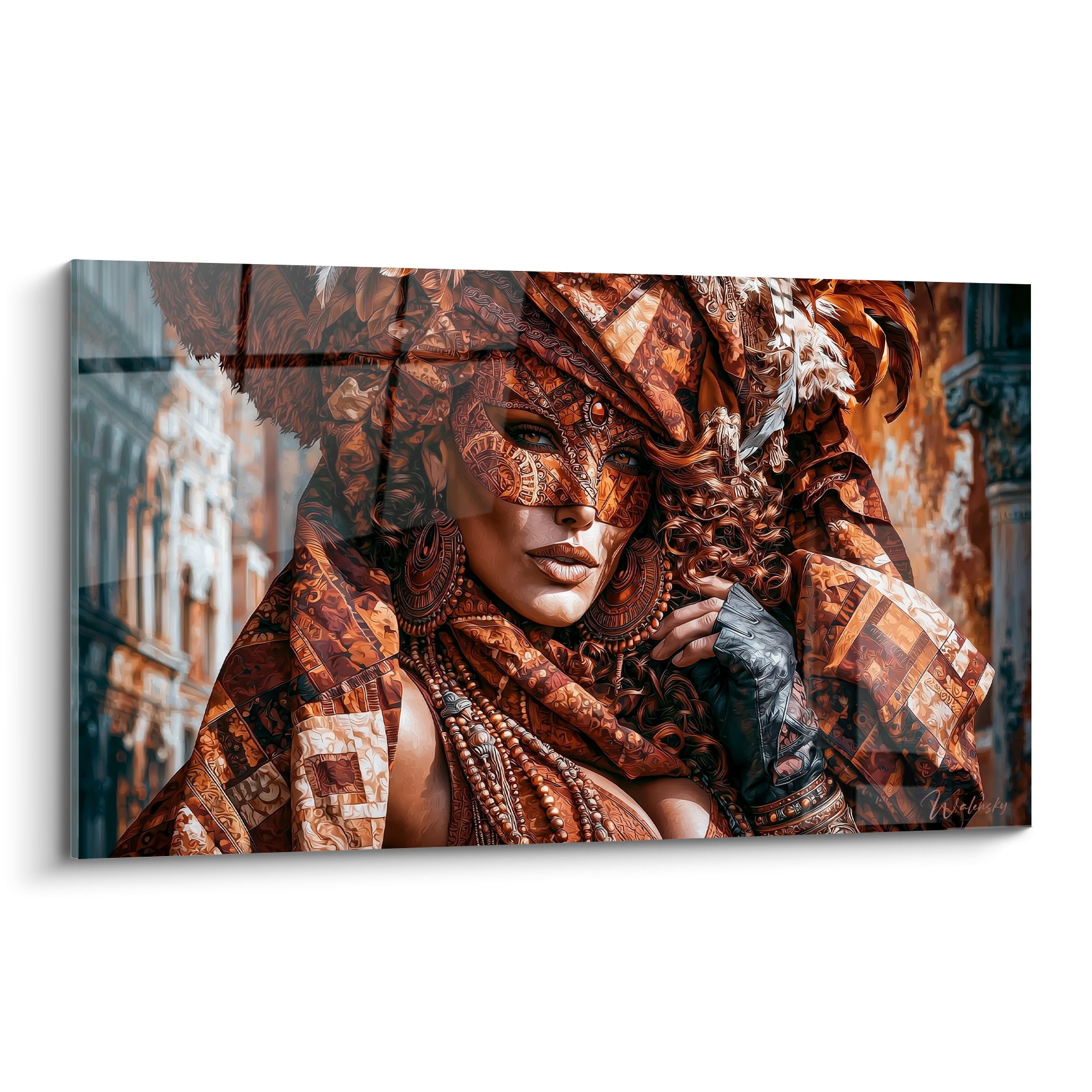 Masque de venise cuivré porté par une femme aux yeux perçants, drapé bronze et terracotta