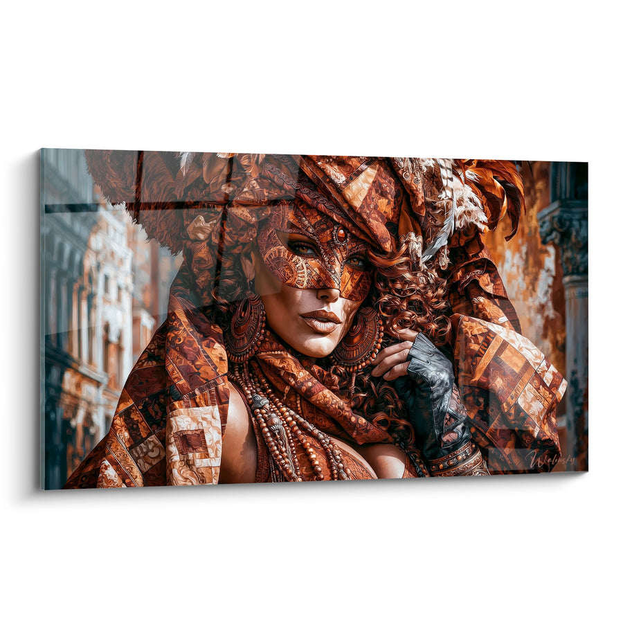 Copper and Brown Mask with Round Earrings - Black Leather Glove - Venice Mask Edition Artwork
