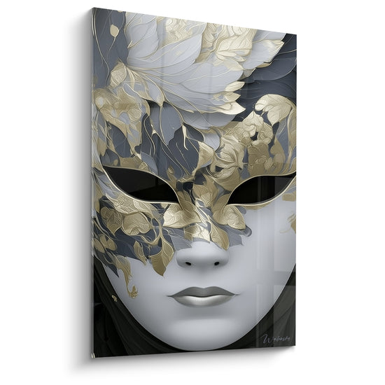 Dipinto Maschera Veneziana Bianca e Dorata con Petali Scolpiti - Velo Nero sulle Spalle - Edizione Maschera di Venezia