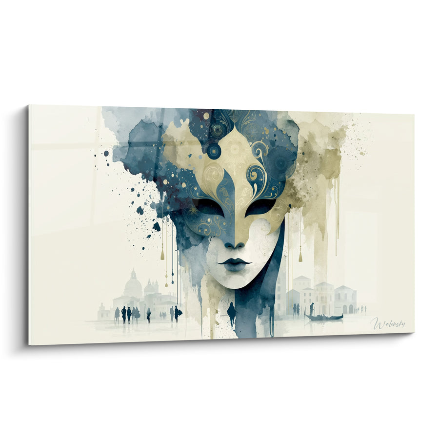 Venetian Mask Painting Blue and Gold with Gondolier Silhouettes - Distant Venetian Dome - Venice Mask Edition