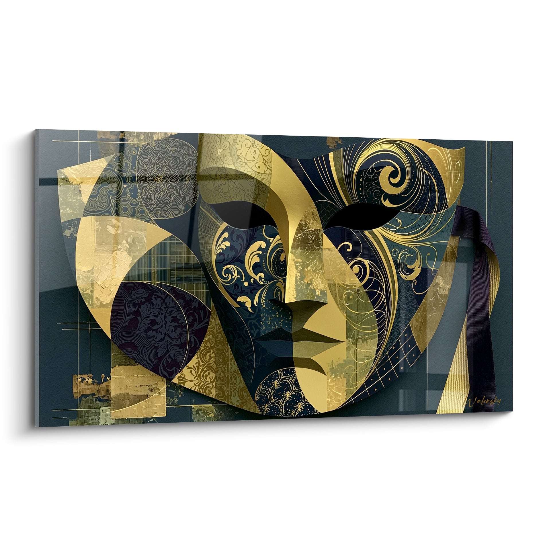 Masque de Venise doré aux volutes bleu marine et anthracite, ruban pendant sur le côté