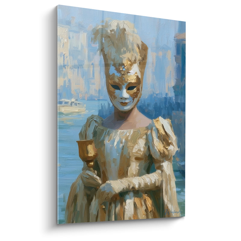 Tableau Masque doré et bleu tenant une coupe - Bateau sur le canal - Edition Masque de venise