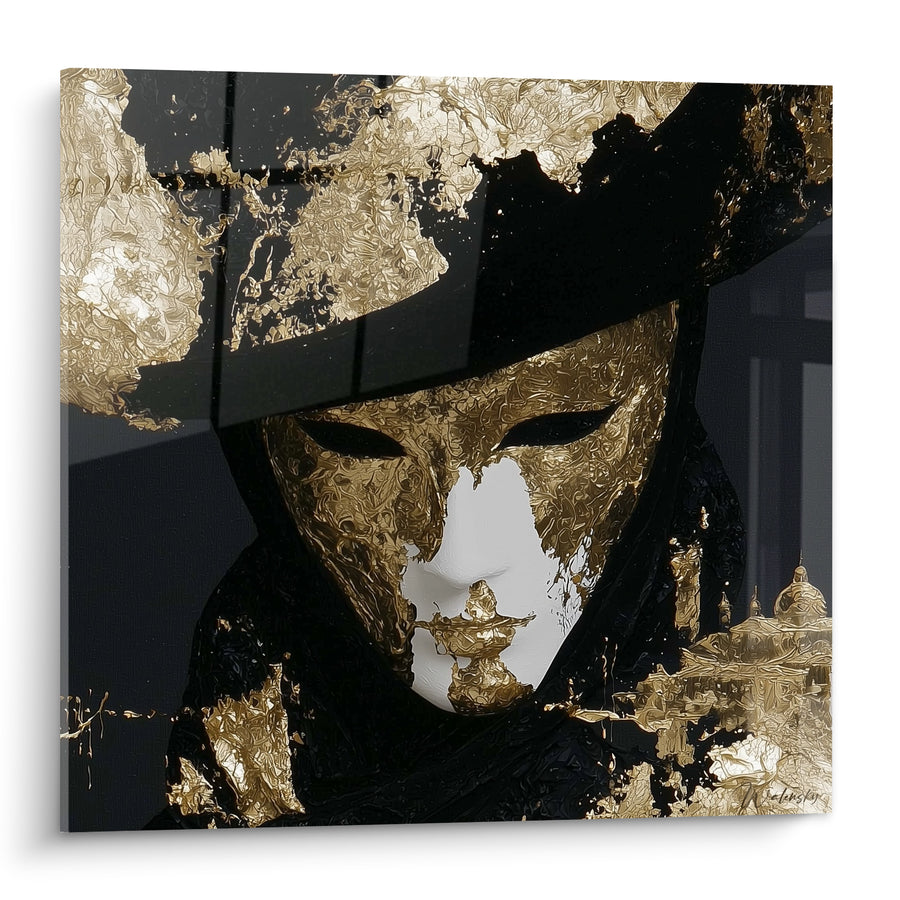 Golden and Black Mask Painting with Wide Hat - Silhouette on Urban Background - Venice Mask Edition