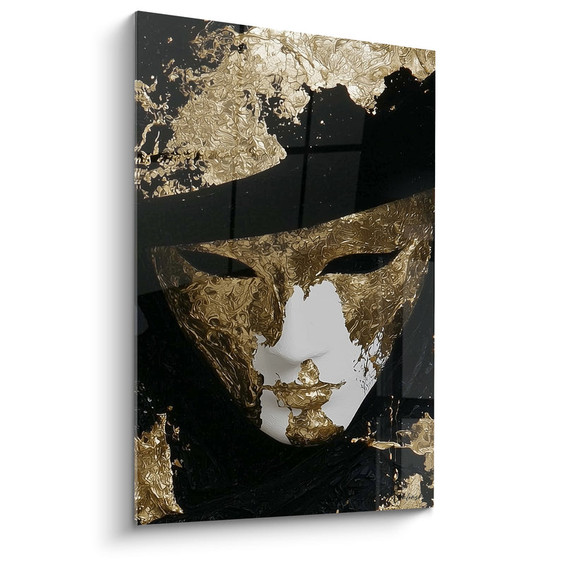 Tableau Masque doré et noir au chapeau incliné - Ombre sur le visage - Edition Masque de venise