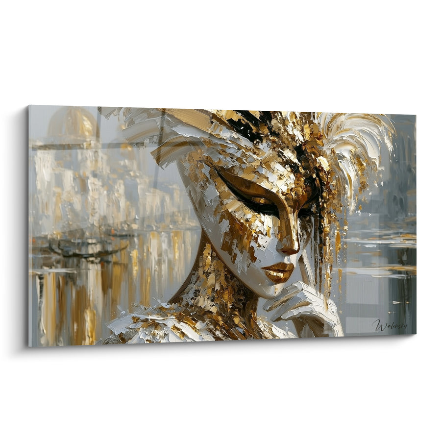 Golden and White Face Painting with Disheveled Feathers - Handed Glove to the Chin - Venice Mask Edition