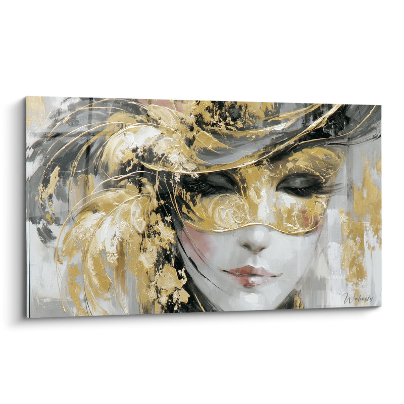 Tableau Masque doré aux plumes noires vaporeuses - Secret du bal masqué - Edition Masque de venise