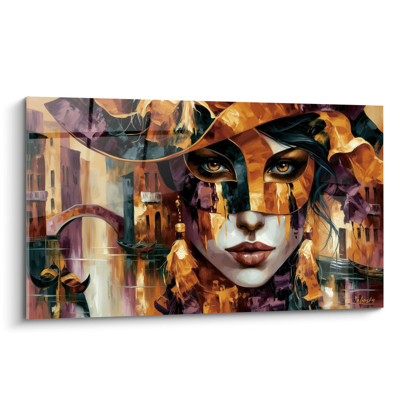 Tableau Masque doré et violet aux glands suspendus - Pont sur le canal - Edition Masque de venise