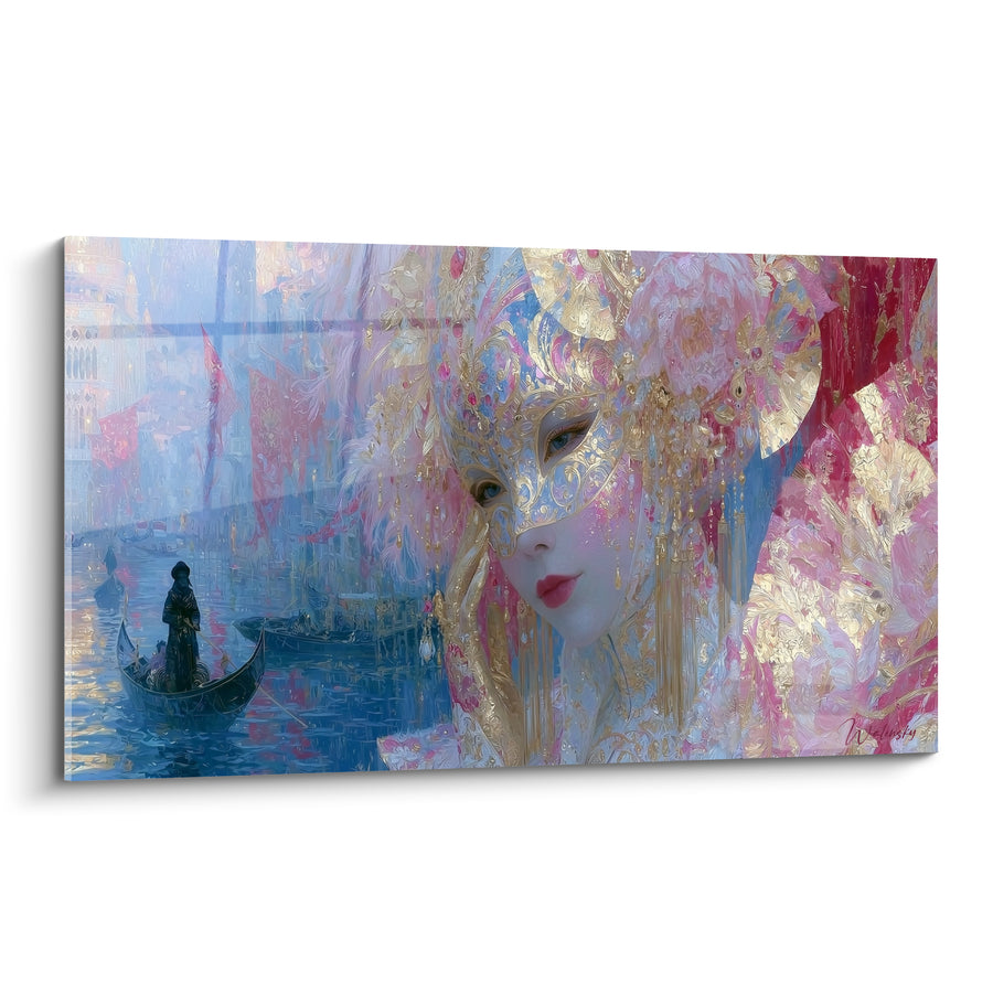 Golden and Pink Mask Painting with Vaporous Flowers - Gondolier on the Lagoon - Venice Mask Edition
