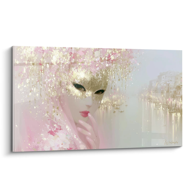 Tableau Masque doré aux mèches roses et lèvres carmin - Secret chuchoté - Edition Masque de venise