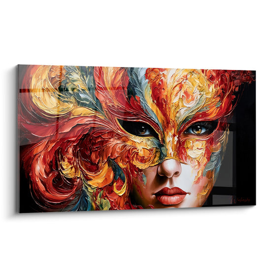 Masque de venise doré et rouge, visage féminin mi-dissimulé, empâtements texturés flamboyants