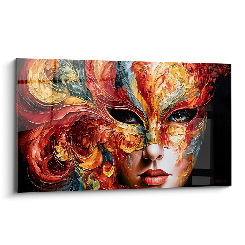 Tableau Masque doré aux volutes rouges et bleues - Mystère flamboyant - Edition Masque de venise