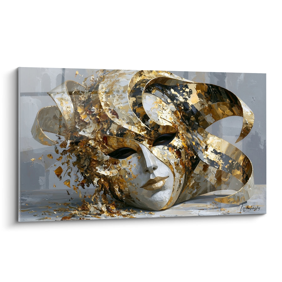 Gilded Mask with Shattered Ribbons Painting - Frozen Splendor of the Ball - Venice Mask Edition