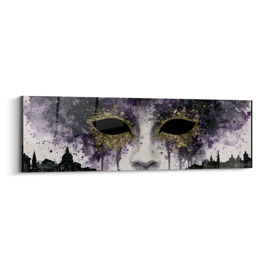 Dipinto Volto viola e dorato con sagome di campanili - Occhi vuoti spalancati - Edizione Maschera di Venezia