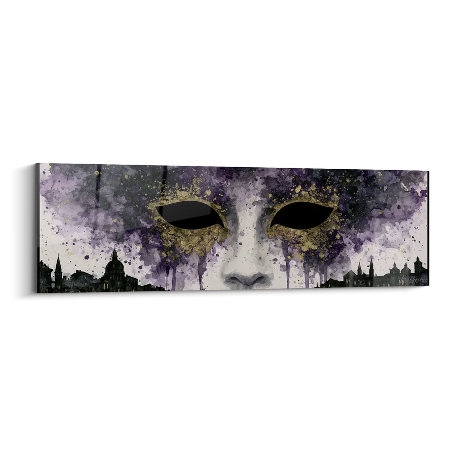 Painting Purple and Gold Face with Bell Tower Silhouettes - Vacant Staring Eyes - Venice Mask Edition