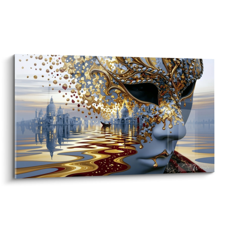 Golden Venetian Mask Tableau fused in Venice - Carnival Reverie - Venice Mask Edition