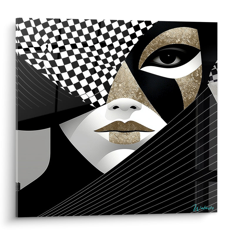 Tableau Visage graphique aux motifs échiquier doré - Regard dissimulé - Edition Masque de venise