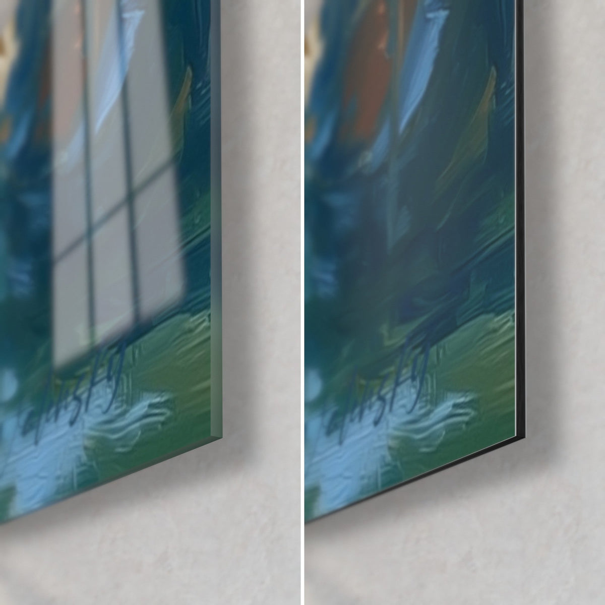 Quadro dama veneziana in abito dorato, angolo in basso a destra: vetro lucido a sinistra, Dibond opaco a destra, bordo di 3 mm visibile