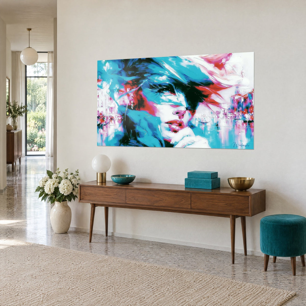 Wall art palette-knife painted woman's face, turquoise, pink and black, blurred canals of Venice, wooden console, three-quarter view