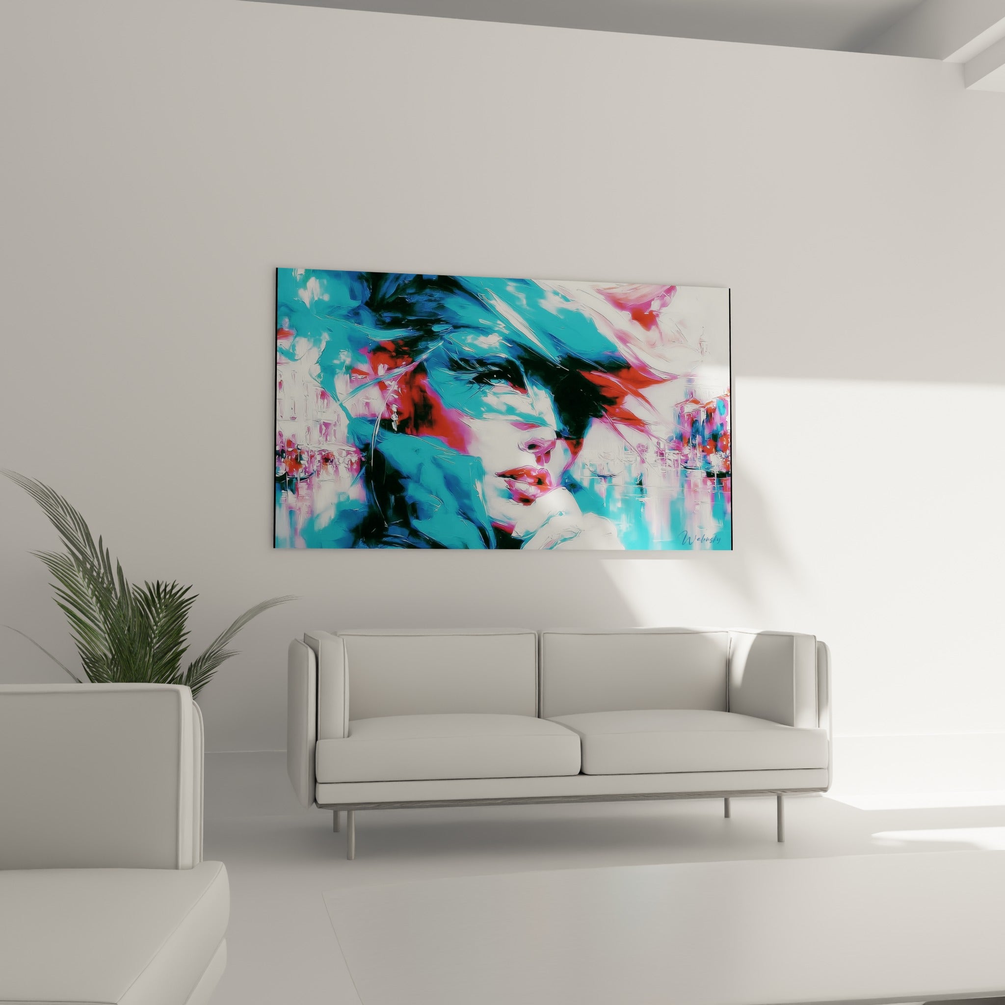 Visage voilé aux tons corail et bleu, Masque de Venise placé au-dessus d'un canapé dans un salon lumineux