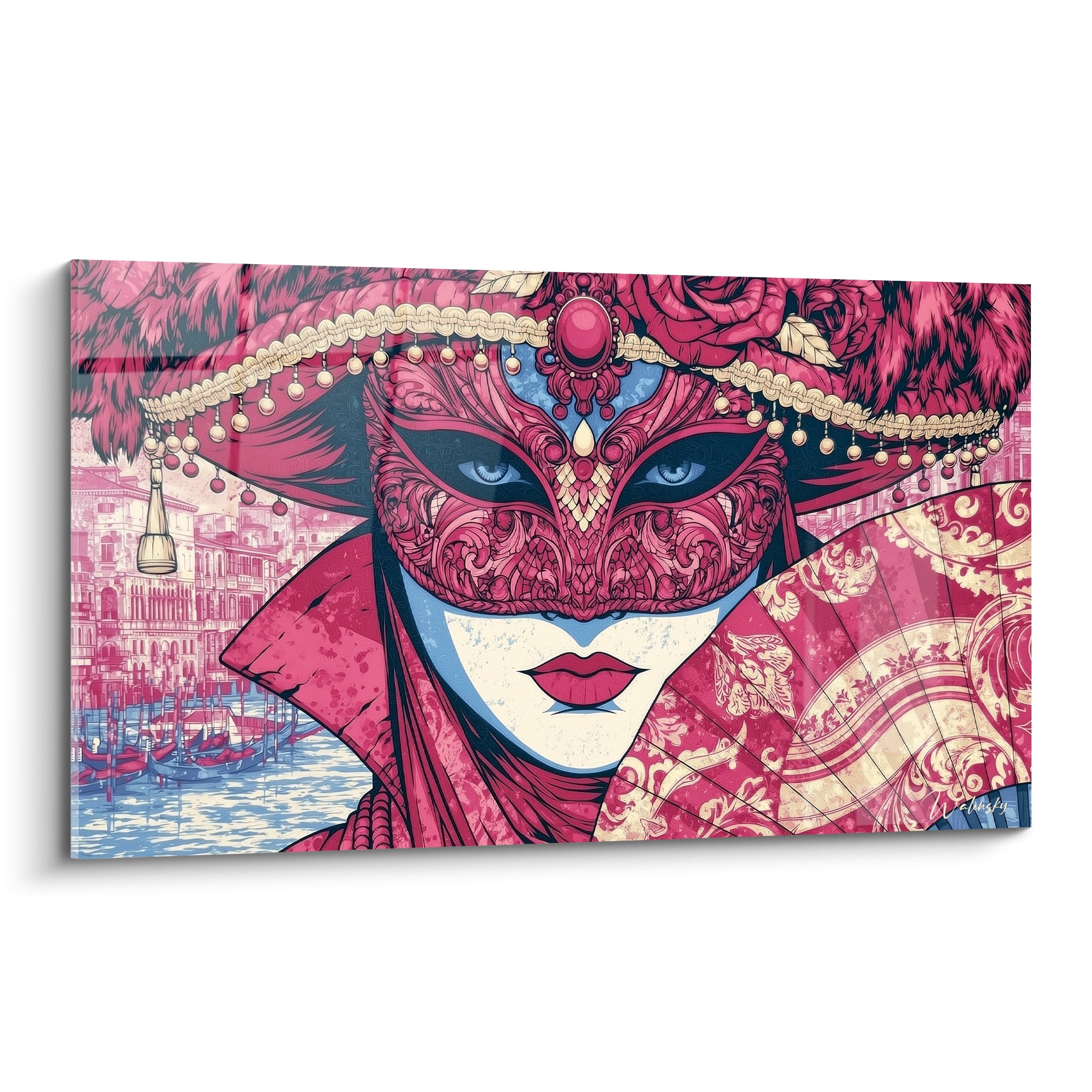 Masque de Venise fuchsia et doré au regard bleu perçant, coiffe à plumes ornée