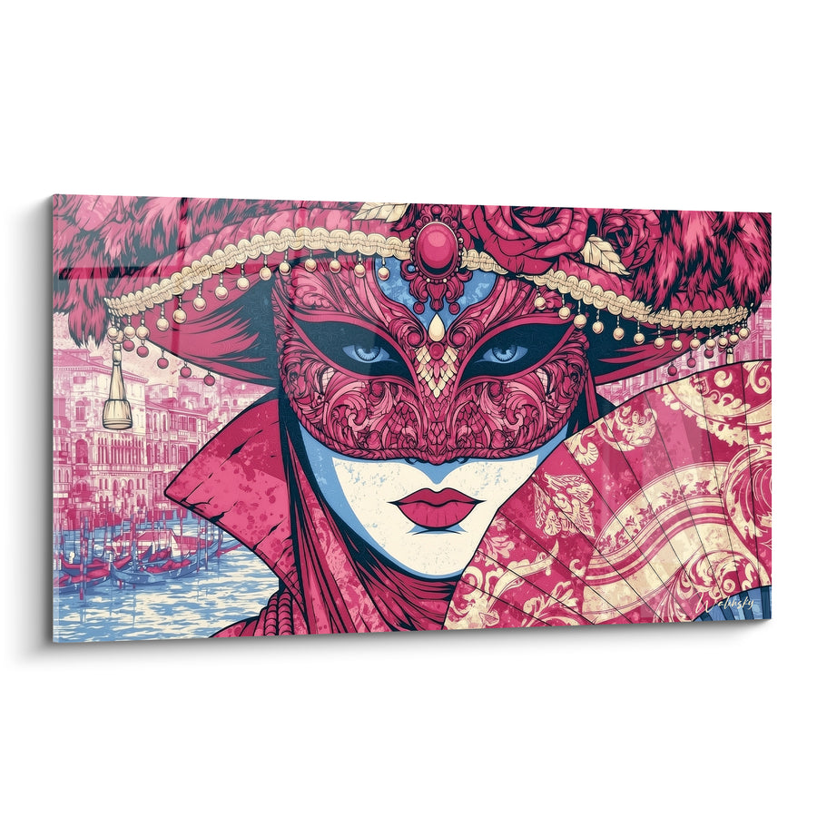 Pink and Ivory Venetian Mask Painting with Embroidered Fan - Gondolas Moored on the Canal - Venice Mask Edition