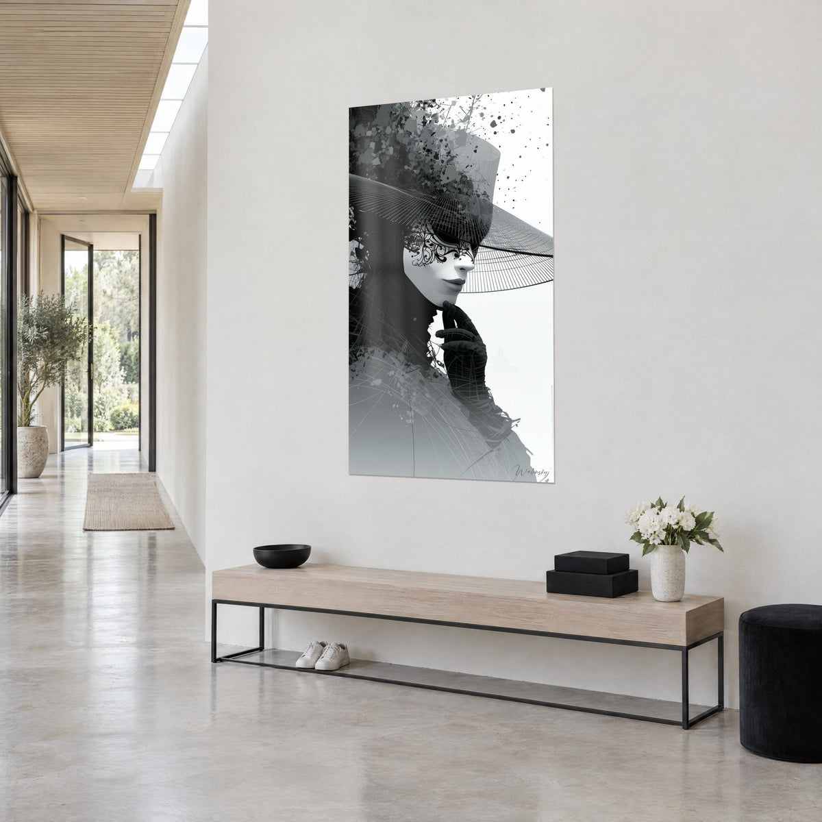 Wall art masked silhouette, black-gloved hand under the chin, white and grey background, three-quarter view, hallway of an architect's house