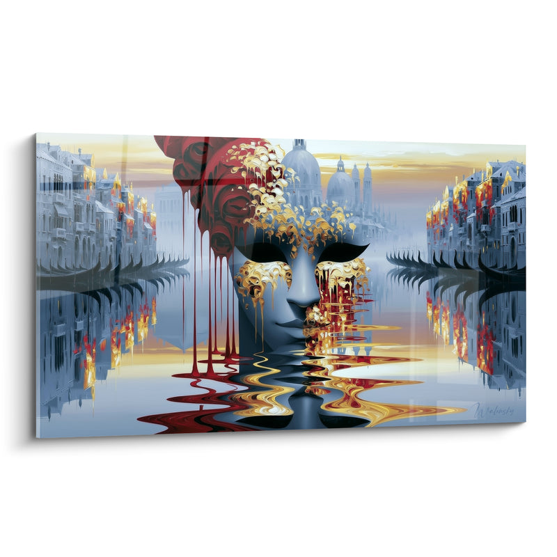 Tableau Masque gris et rouge aux coulures dorées - Reflet sur le canal - Edition Masque de venise