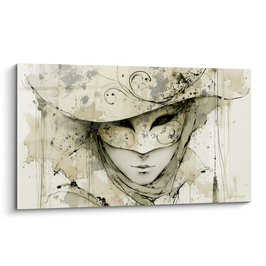 Venetian Mask Ivory and Black with Wide Hat Painting - Sepia Ink Splash - Venice Mask Edition