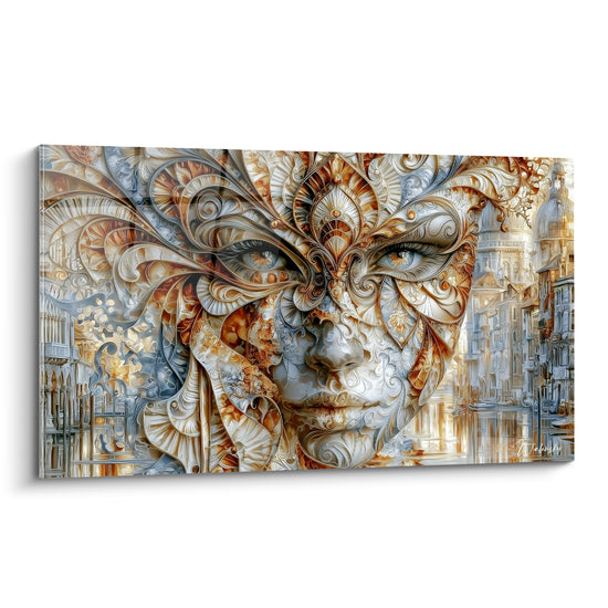 Masque de venise ivoire et cuivre orné de volutes dorées, regard bleu-gris perçant au centre