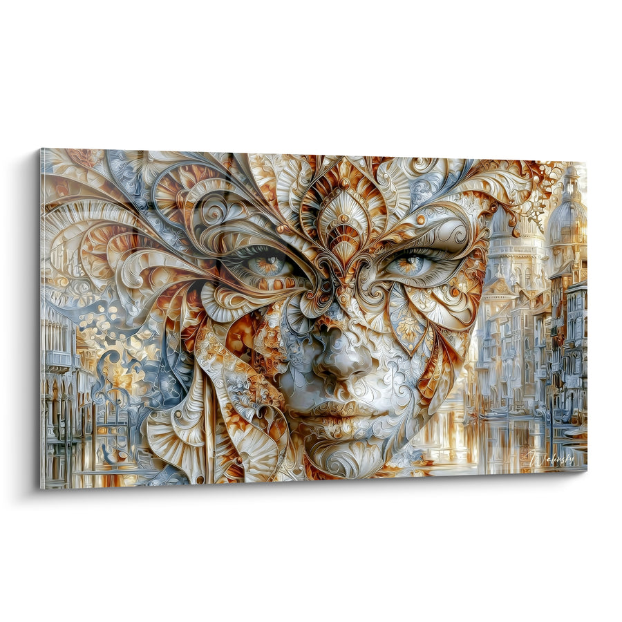 Venetian Mask Ivory and Copper Painting with Venetian Domes - Piercing Gray Eyes - Venice Mask Edition