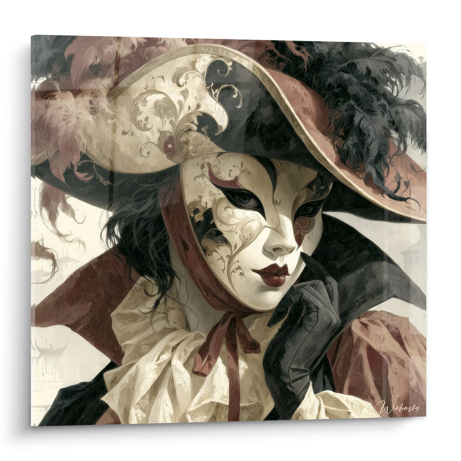 Ivory Mask with Black and Burgundy Feathers Painting - Carnival Silence - Venice Mask Edition