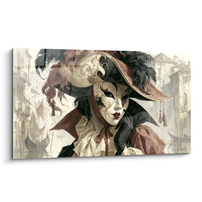 Tableau Masque ivoire et bordeaux au chapeau empanaché - Barques amarrées au loin - Edition Masque de venise