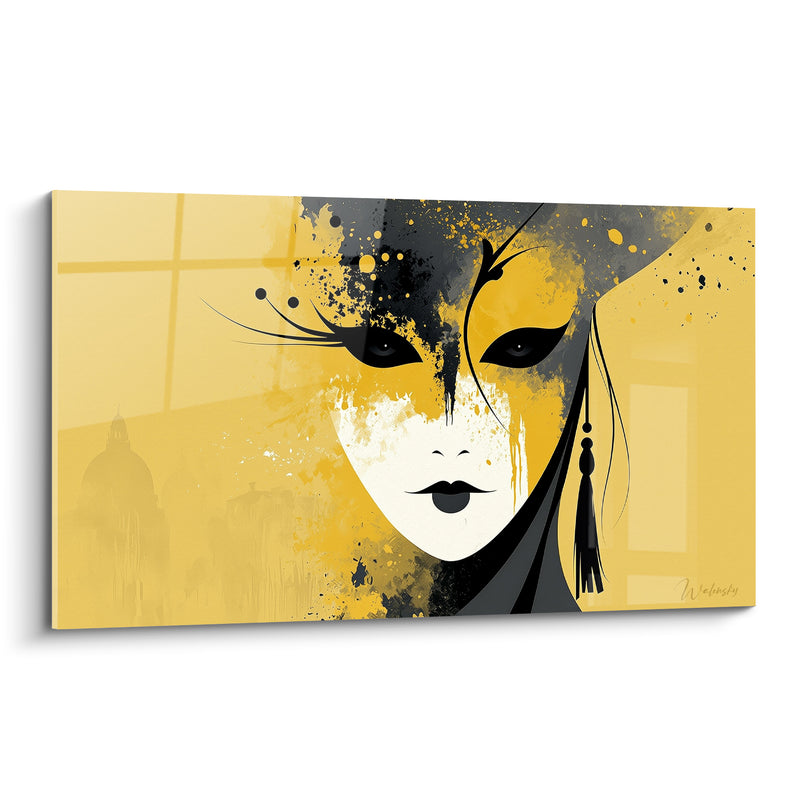 Tableau Visage jaune et noir aux mèches ramifiées - Silhouette de dôme lointain - Edition Masque de venise