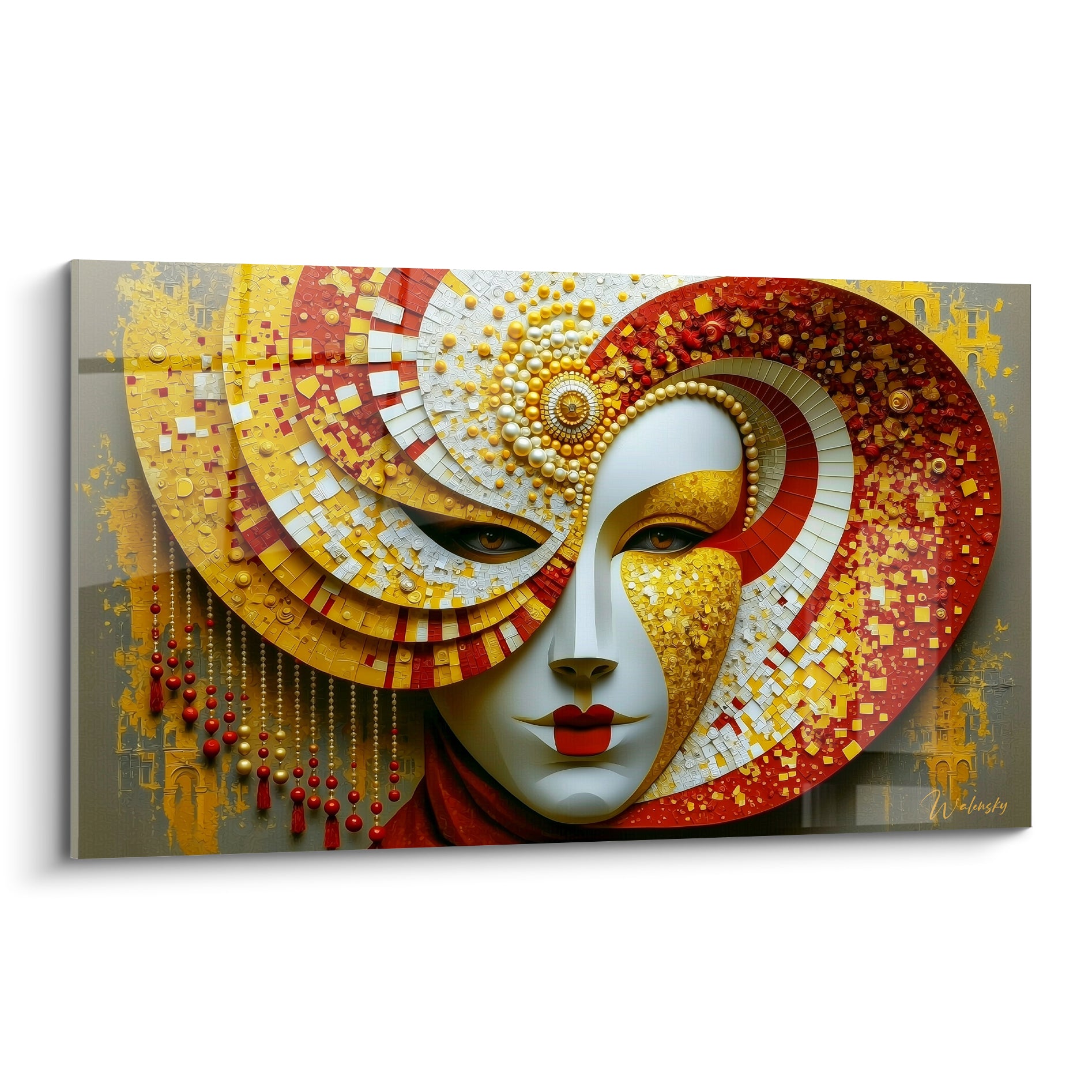 Masque de venise doré et rouge en mosaïque, visage blanc aux lèvres écarlates, perles éclatantes