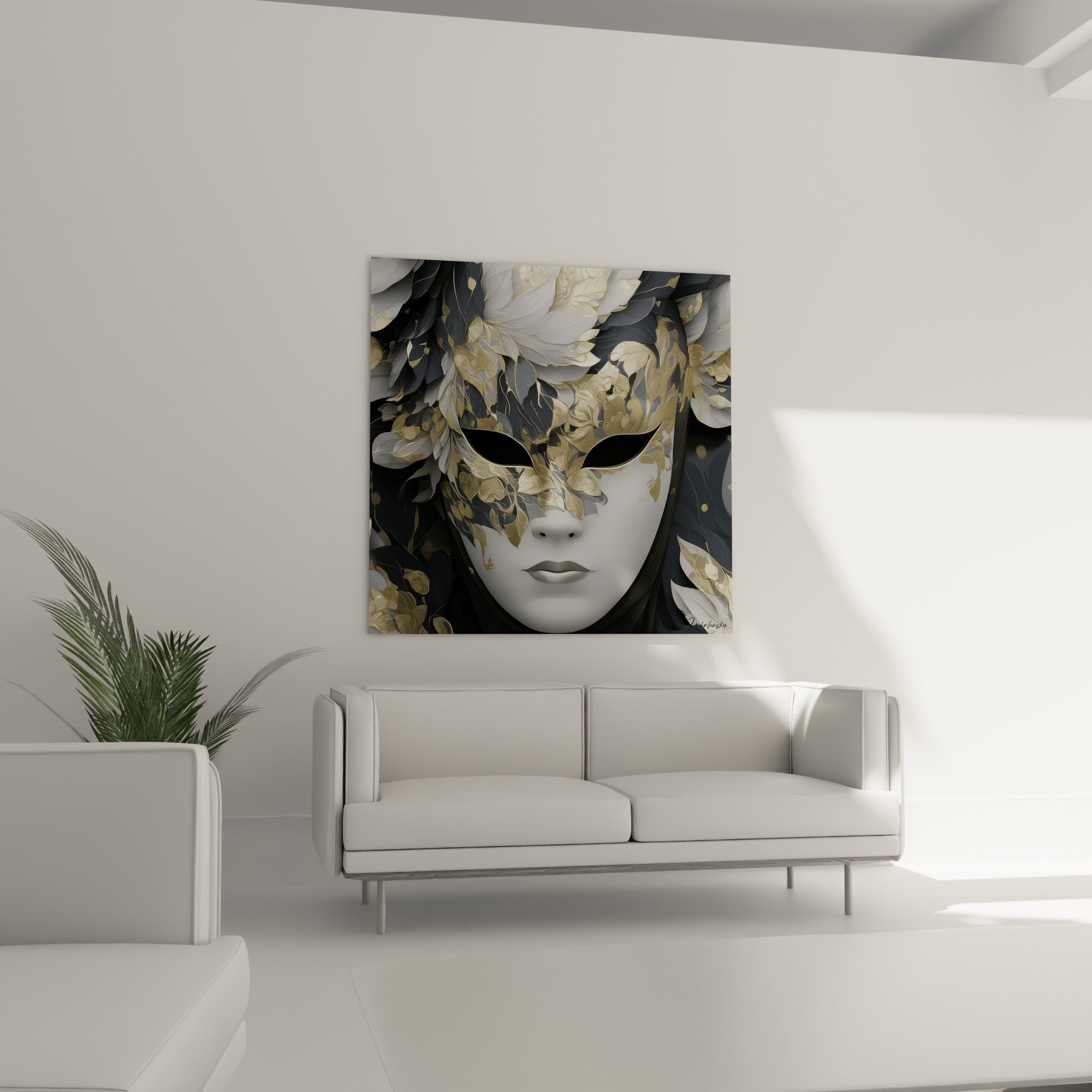 Feuillages dorés et blancs sculptent ce masque vénitien accroché au-dessus d'un canapé dans un salon lumineux