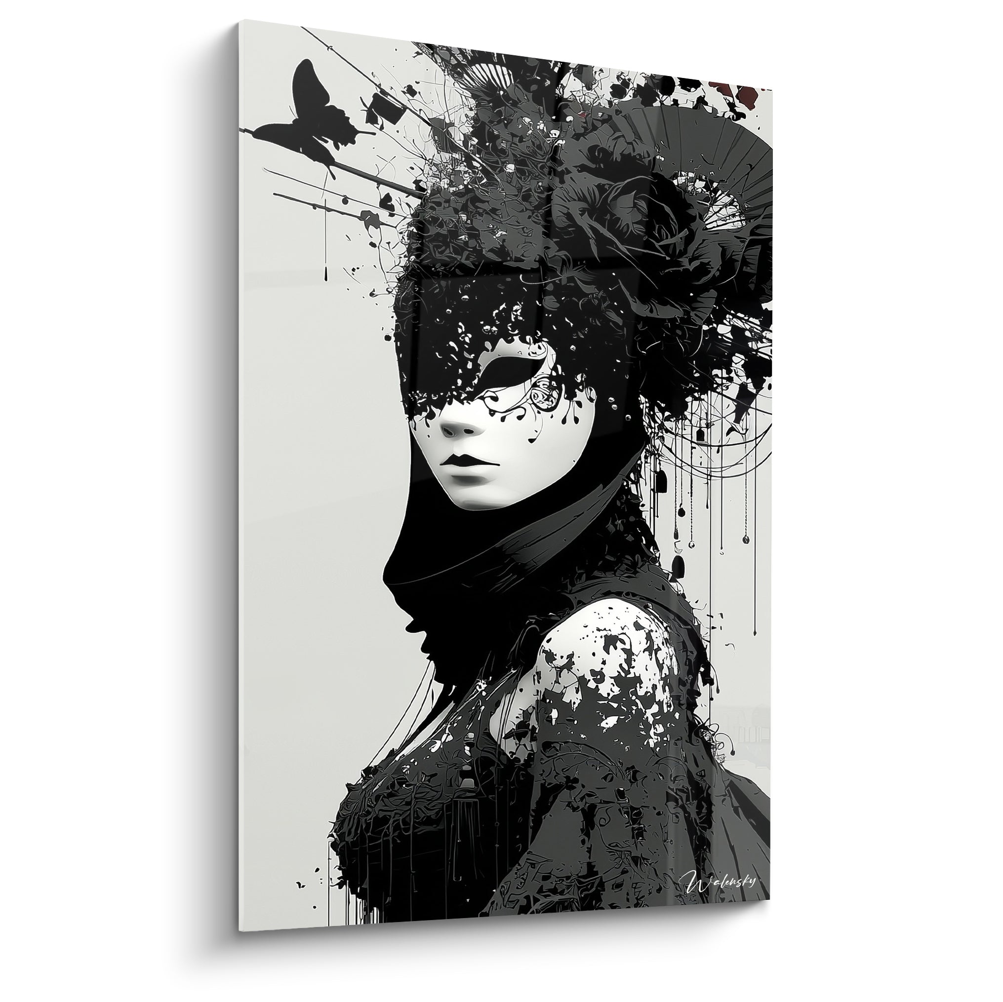 Masque de venise en noir profond et blanc porcelaine, silhouette de profil éclaboussée d'encre
