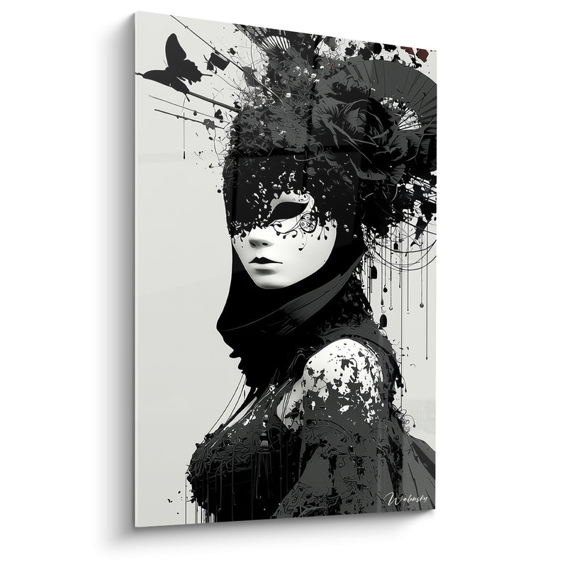 Tableau Visage noir et blanc au papillon posé - Épaule éclaboussée de peinture - Edition Masque de venise