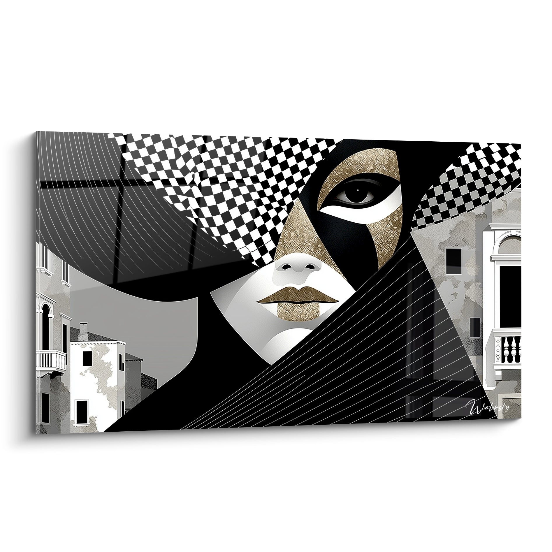 Masque de Venise doré et noir au regard perçant, motif damier et façades vénitiennes en arrière-plan