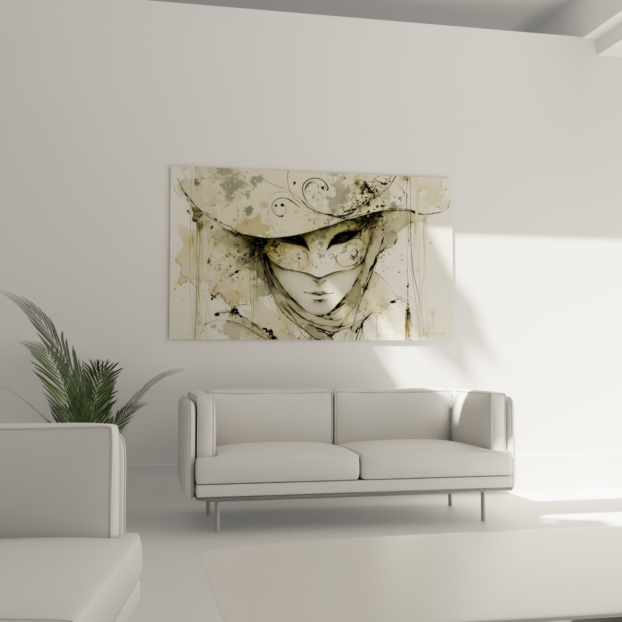 Masque de venise ocre et anthracite à l'aspect délavé, disposé au-dessus d'un canapé dans un salon lumineux