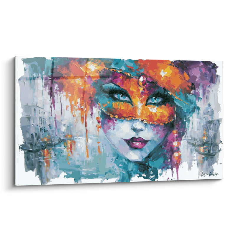 Tableau Masque orange et turquoise au bijou frontal - Yeux bleus intenses - Edition Masque de venise
