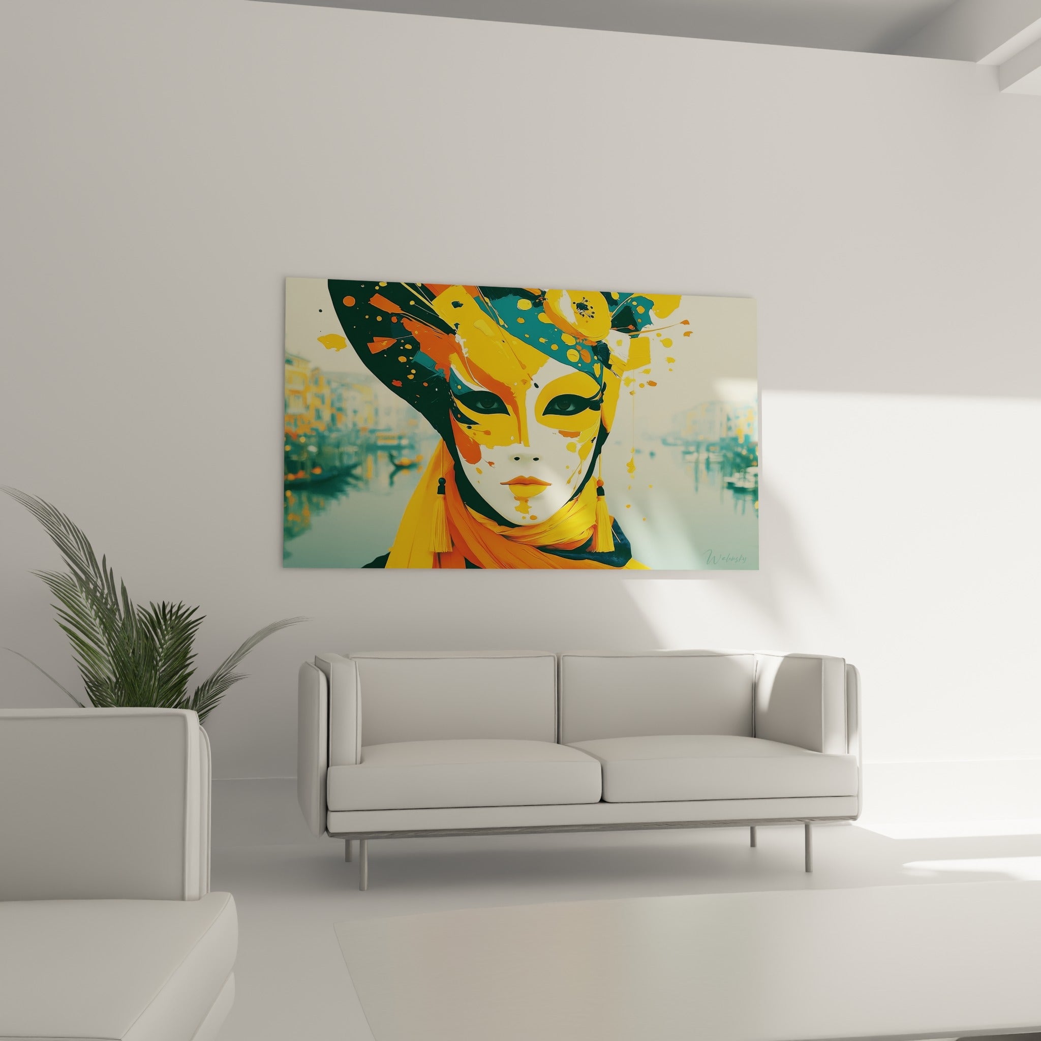 Portrait masqué blanc et doré aux motifs bleu pétrole, suspendu au-dessus d'un canapé dans un salon lumineux