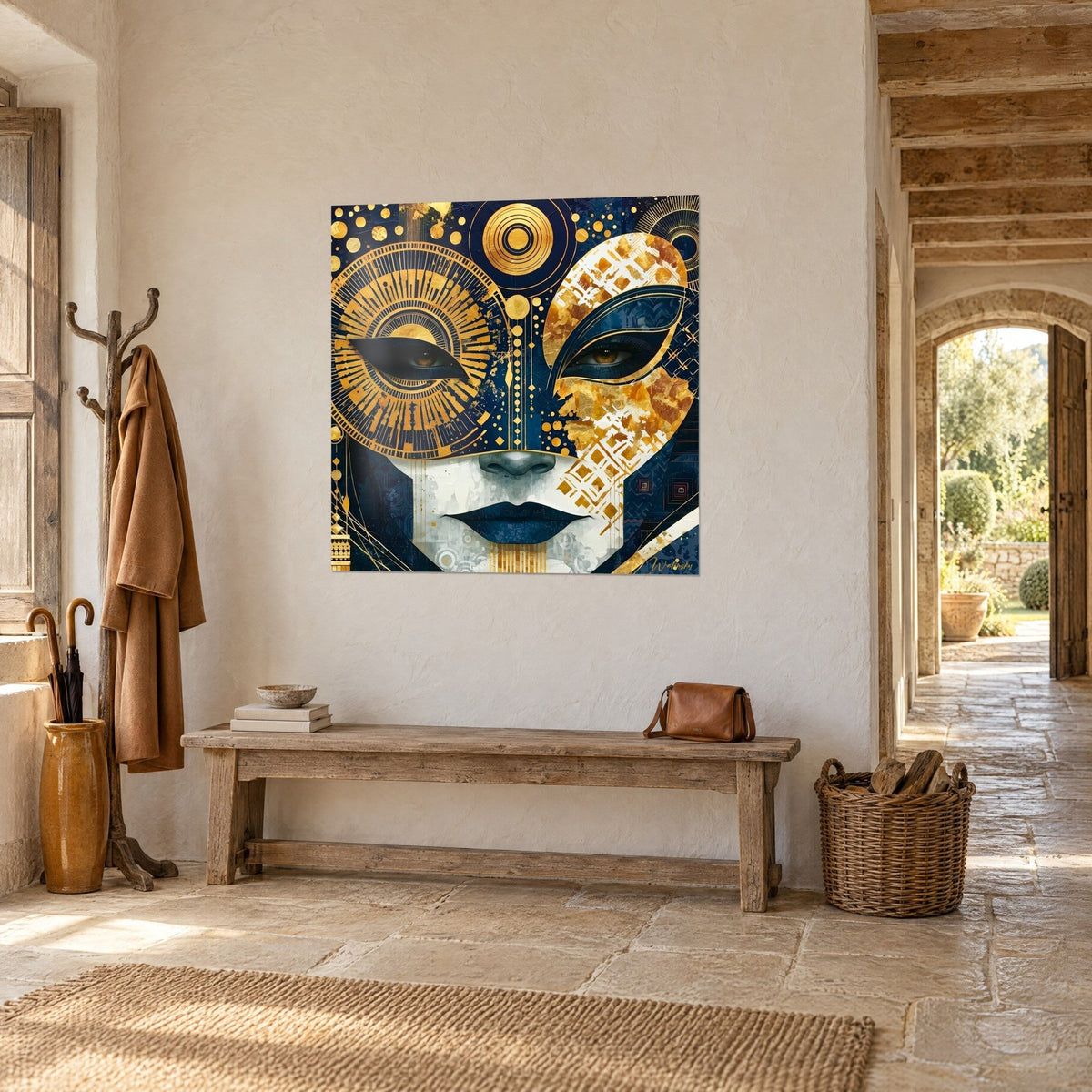 Tableau visage masqué aux dorures éclatées, bleu nuit et ivoire, vu de trois quarts dans une maison en pierre