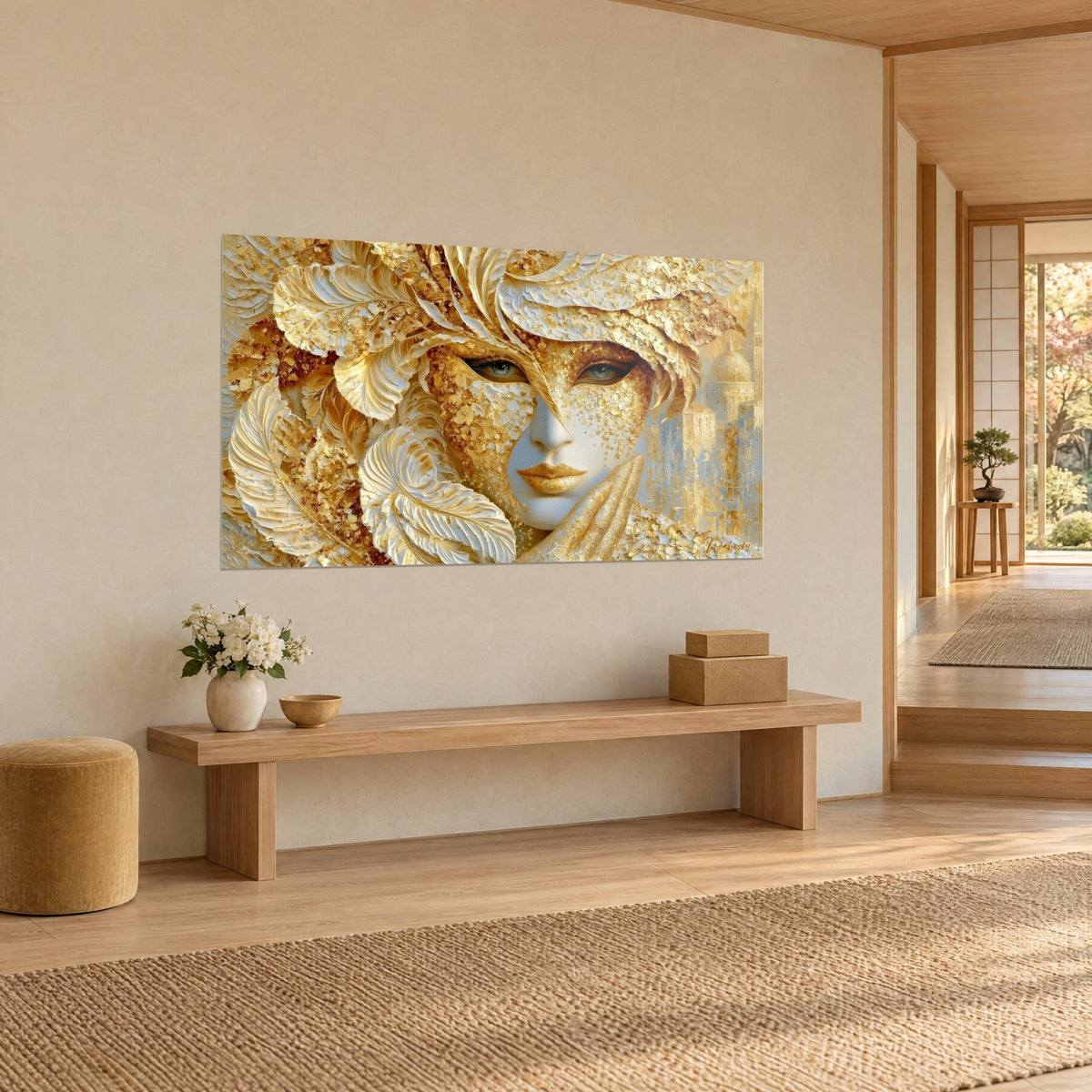 Tableau visage de carnaval coiffé de plumes ivoire et or, lèvres dorées, vu de trois-quarts sur un mur beige, banc en bois clair