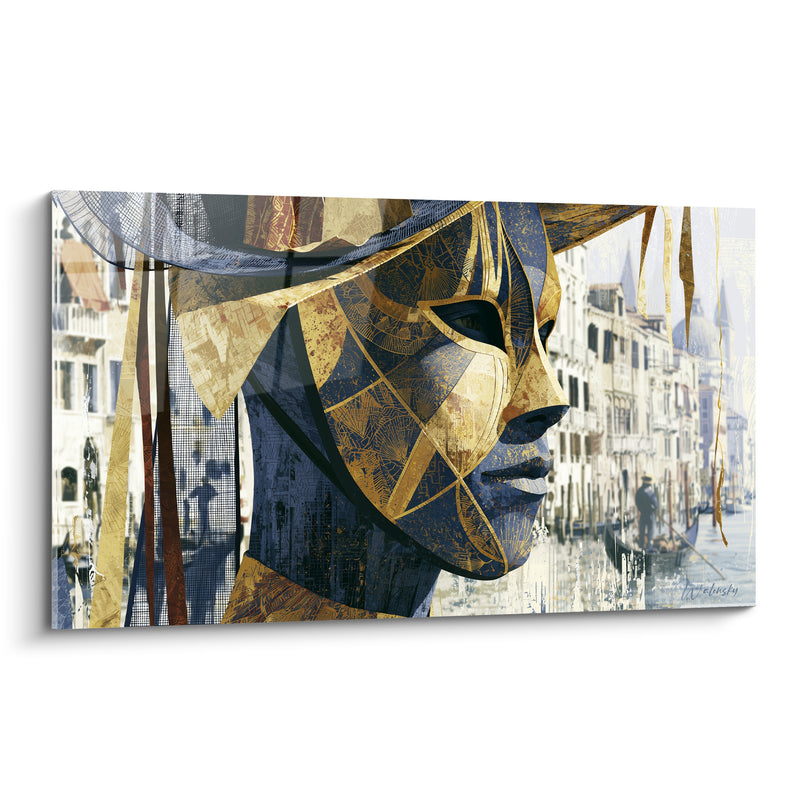 Tableau Masque bleu nuit et doré aux rubans effilés - Gondolier sur le canal - Edition Masque de venise