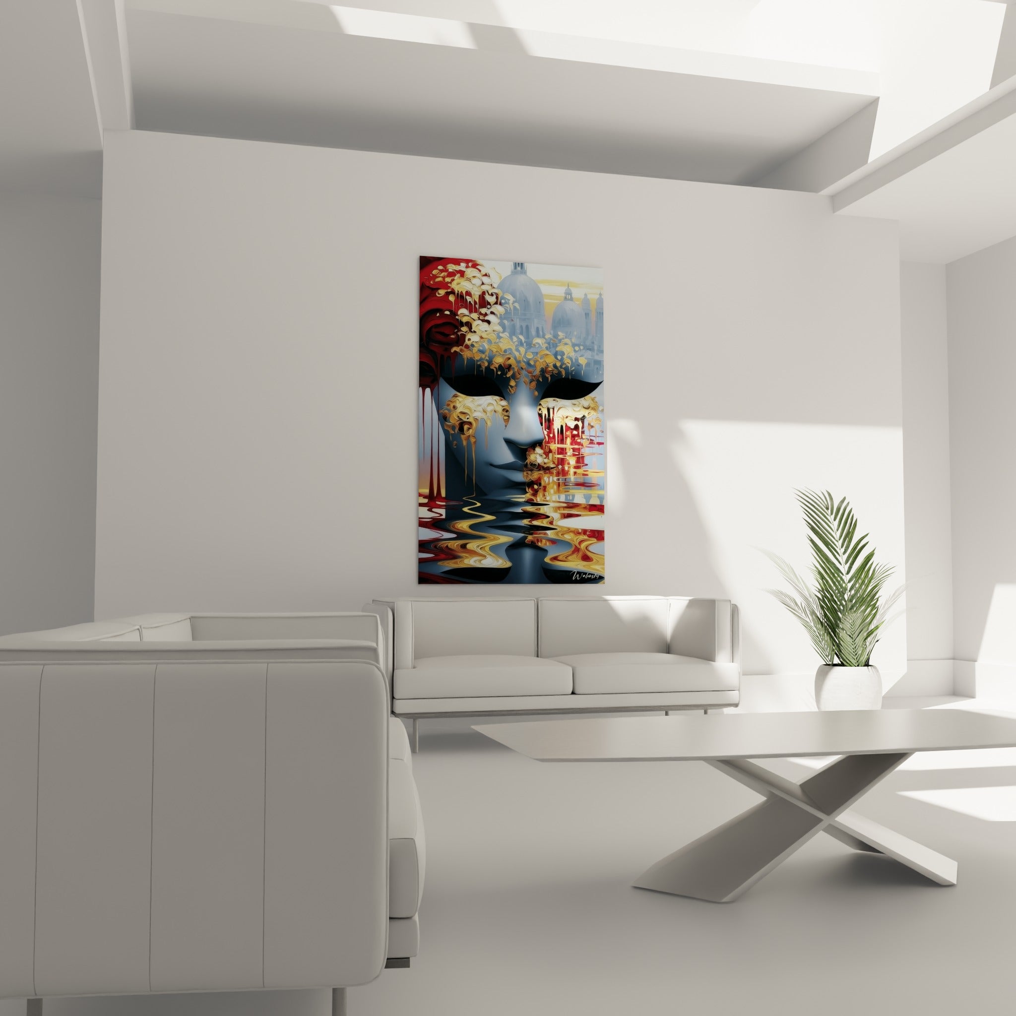 Silhouette masquée anthracite et bordeaux reflétée dans l'eau au-dessus d'un canapé dans un salon lumineux